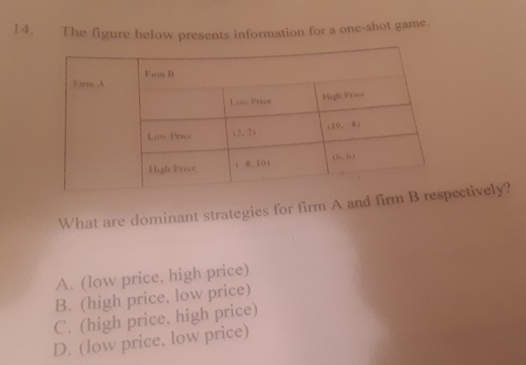 14. The figure below presents information for a one-shot game.
Firoo B
High Price
Low Price
(8.10)
(10.-81
What are dominant strategies for firm A and firm B respectively?
A. (low price, high price)
B. (high price, low price)
C. (high price, high price)
D. (low price, low price)