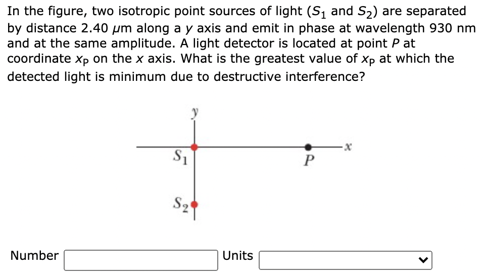 In the figure, two isotropic point sources of light (S1 and S2) are separated
by distance 2.40 µm along a y axis and emit in phase at wavelength 930 nm
and at the same amplitude. A light detector is located at point P at
coordinate xp on the x axis. What is the greatest value of Xp at which the
detected light is minimum due to destructive interference?
S1
P
S2
Number
Units
>
