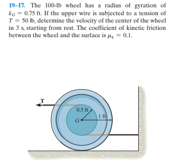 19-17. The 100-lb wheel has a radius of gyration of
kG = 0.75 ft. If the upper wire is subjected to a tension of
T = 50 lb, determine the velocity of the center of the wheel
in 3 s, starting from rest. The coefficient of kinetic friction
between the wheel and the surface is µ, = 0.1.
0.5 ft
1 ft
