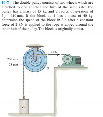 19–7. The double pulley consists of two wheels which are
attached to one another and turn at the same rate. The
pulley has a mass of 15 kg and a radius of gyration of
ko = 110 mm. If the block at A has a mass of 40 kg,
determine the speed of the block in 3 s after a constant
force of 2 kN is applied to the rope wrapped around the
inner hub of the pulley. The block is originally at rest.
2 kN
200 mm
75 mm
