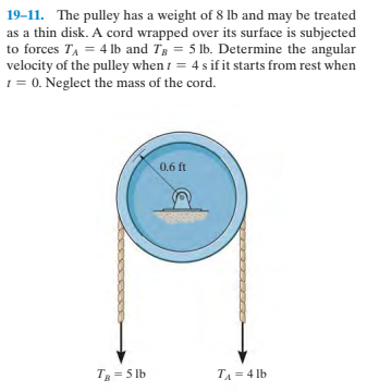 19-11. The pulley has a weight of 8 lb and may be treated
as a thin disk. A cord wrapped over its surface is subjected
to forces TA = 4 lb and Tg = 5 lb. Determine the angular
velocity of the pulley when 1 = 4 s if it starts from rest when
1 = 0. Neglect the mass of the cord.
0.6 ft
T = 5 lb
TA = 4 lb
