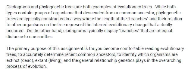 Cladograms and phylogenetic trees are both examples of evolutionary trees. While both
types contain groups of organisms that descended from a common ancestor, phylogenetic
trees are typically constructed in a way where the length of the "branches" and their relation
to other organisms on the tree represent the inferred evolutionary change that actually
occurred. On the other hand, cladograms typically display "branches" that are of equal
distance to one another.
The primary purpose of this assignment is for you become comfortable reading evolutionary
trees, to accurately determine recent common ancestors, to identify which organisms are
extinct (dead), extant (living), and the general relationship genetics plays in the overarching
process of evolution.
