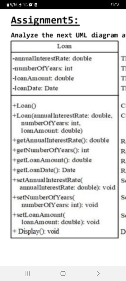 1%10+令自
Assignment5:
Analyze the next UML diagram a
Loan
-annualIntere stRate: double
-numberOfYears: int
-loan Amount: double
-loanDate: Date
TI
TI
TI
+Loan0
+Loan(annual InterestRate: double,
numberofYears: int,
loanAmount: double)
C
+getAnnualInterestRate(: double
+getNumberOfYears0: int
+getLoanAmount): double
+getLoanDate(O: Date
+setAnnual InterestRate(
annualInterestRate: double): void
R
R
R
R
Sc
+setNumberOfYears(
numberOfY ears: int): void
+setLoanAmount(
loanAmount: đouble): void
Se
Se
+Display(: void
II
>
