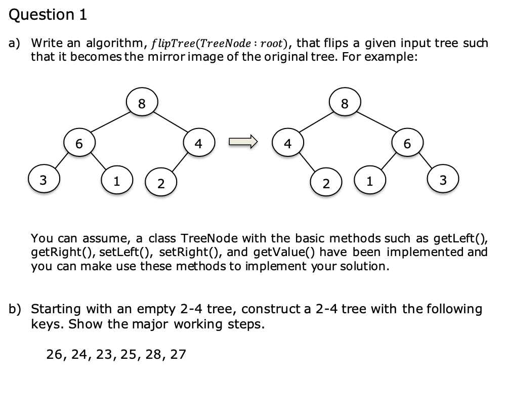 Question 1
a) Write an algorithm, flipTree (TreeNode: root), that flips a given input tree such
that it becomes the mirror image of the original tree. For example:
3
1
8
2
2
8
1
6
3
You can assume, a class TreeNode with the basic methods such as getLeft(),
getRight(), setLeft(), setRight(), and getValue() have been implemented and
you can make use these methods to implement your solution.
b) Starting with an empty 2-4 tree, construct a 2-4 tree with the following
keys. Show the major working steps.
26, 24, 23, 25, 28, 27