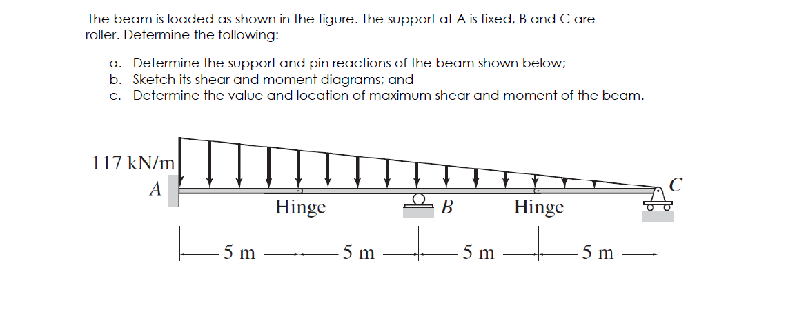 The beam is loaded as shown in the figure. The support at A is fixed, B and C are
roller. Determine the following:
a. Determine the support and pin reactions of the beam shown below;
b. Sketch its shear and moment diagrams; and
c. Determine the value and location of maximum shear and moment of the beam.
117 kN/m
A
5 m
Hinge
5 m
B
5 m
Hinge
-5 m