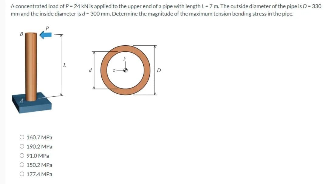 A concentrated load of P = 24 kN is applied to the upper end of a pipe with length L=7 m. The outside diameter of the pipe is D = 330
mm and the inside diameter is d = 300 mm. Determine the magnitude of the maximum tension bending stress in the pipe.
B
P
O 160.7 MPa
O 190.2 MPa
O 91.0 MPa
O 150.2 MPa
O 177.4 MPa
O