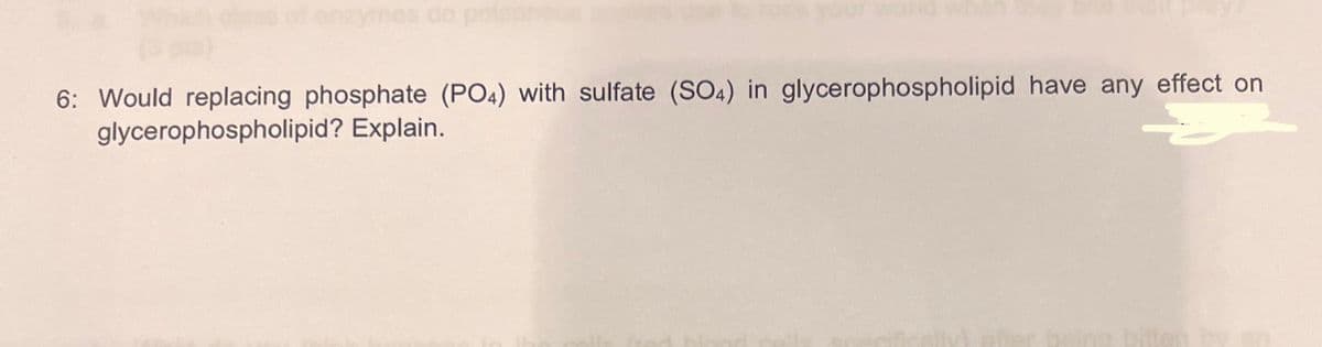enzymes do pol
6: Would replacing phosphate (PO4) with sulfate (SO4) in glycerophospholipid have any effect on
glycerophospholipid? Explain.