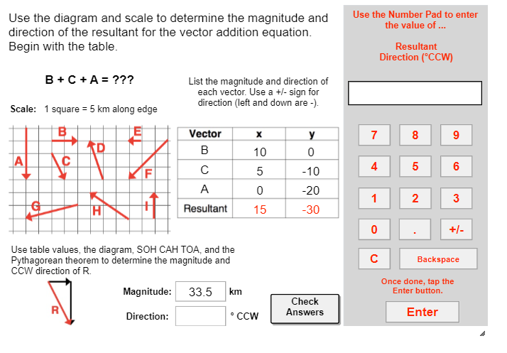 Use the diagram and scale to determine the magnitude and
direction of the resultant for the vector addition equation.
Begin with the table.
B + C + A = ???
Scale: 1 square = 5 km along edge
B
A]
C
R
D
H
F
List the magnitude and direction of
each vector. Use a +/- sign for
direction (left and down are -).
Vector
B
с
A
Resultant
Use table values, the diagram, SOH CAH TOA, and the
Pythagorean theorem to determine the magnitude and
CCW direction of R.
Magnitude: 33.5
Direction:
km
X
10
5
0
15
°CCW
y
0
-10
-20
-30
Check
Answers
Use the Number Pad to enter
the value of ...
Resultant
Direction (°CCW)
7
4
1
0
с
8
50
2
9
6
3
+/-
Backspace
Once done, tap the
Enter button.
Enter