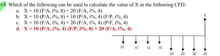 14. Which of the following can be used to calculate the value of X in the following CFD:
a. X= 10 (F/A, 1%, 8) +20 (F/A, 1%, 4)
b. X= 10 (P/A, 1%, 8) + 10 (P/A, 1%, 4) (F/P, 1%, 4)
c. X= 10 (F/A, 1%, 4) +20 (F/A, 1%, 4) (P/F, i%, 4)
d. X= 10 (P/A, i%, 4) (F/P, i%, 8) +20 (F/A, i%, 4)
10
10 10 10
X
20 20 20 20