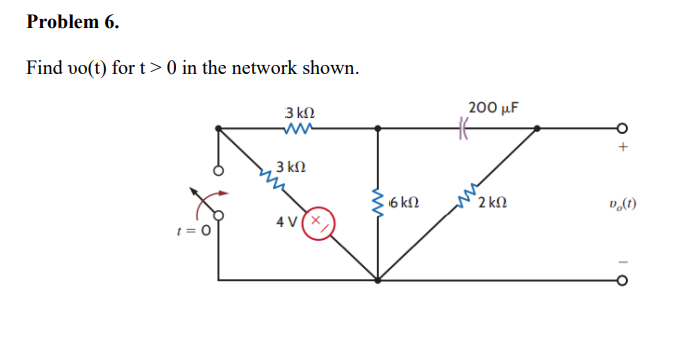 Problem 6.
Find vo(t) for t> 0 in the network shown.
3 ΚΩ
Χ
1 = 0
3 ΚΩ
4V(X,
ΚΩ
200 MF
2 ΚΩ
v(t)