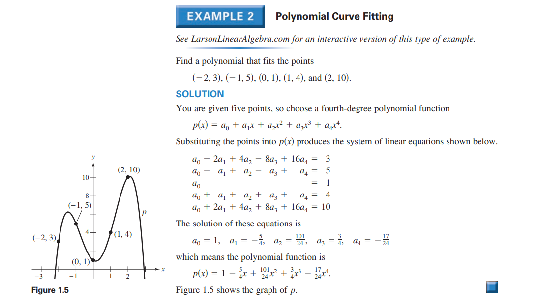 (-2, 3)
10-
8-
(-1,5)
3
Figure 1.5
4-
(0, 1)
(2, 10)
(1,4)
EXAMPLE 2 Polynomial Curve Fitting
See LarsonLinearAlgebra.com for an interactive version of this type of example.
Find a polynomial that fits the points
(-2, 3), (-1, 5), (0, 1), (1, 4), and (2, 10).
SOLUTION
You are given five points, so choose a fourth-degree polynomial function
p(x) = a₁ + a₁x + α₂x² + α3x³ + à¸xª.
Substituting the points into p(x) produces the system of linear equations shown below.
ao - 2a₁ +4a₂-8a3 + 16a4 3
ao-
a₁ + a₂ -
az +
a₁ =
5
ao
1
ao + a₁ + a₂ + az +
a4 =
4
a + 2a₁ + 4a₂ + 8a3 + 16a4 = 10
=
=
The solution of these equations is
a₁ = 1, a₁ = -√, A₂ = 24, az = ³/1, A4 = -
=-12-17
Figure 1.5 shows the graph of p.
which means the polynomial function is
p(x) = 1 − ²x + 101x² + x³ – 17x4.
-
