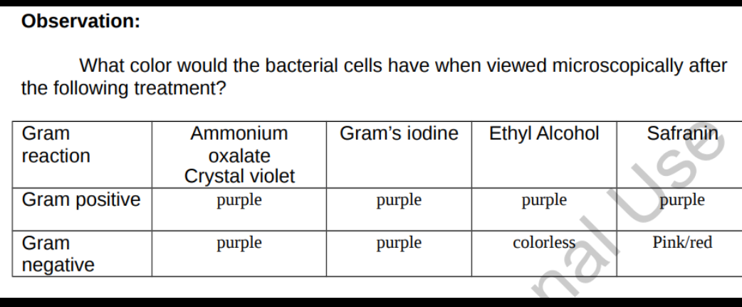 Observation:
What color would the bacterial cells have when viewed microscopically after
the following treatment?
Gram
Ammonium
Gram's iodine
Ethyl Alcohol
Safranin
reaction
oxalate
Crystal violet
purple
Gram positive
purple
purple
purple
Gram
purple
purple
colorless
Pink/red
negative
iutck
