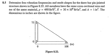 8.5 Determine free-vibration frequencies and mode shapes for the three-bar pin-jointed
structure shown in Figure 8.22. All members have the same cross-sectional area and
are of the same material, p = 490lt/ft', E = 30 x 105 lb/in², and A = 1 in². The
dimensions in inches are shown in the figure.
72
(in)
108
0
Figure 8.22.