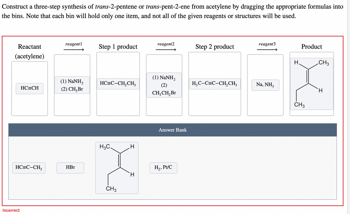 Construct a three-step synthesis of trans-2-pentene or trans-pent-2-ene from acetylene by dragging the appropriate formulas into
the bins. Note that each bin will hold only one item, and not all of the given reagents or structures will be used.
Reactant
(acetylene)
HC=CH
HC=C-CH,
Incorrect
reagent1
(1) NaNH,
(2) CH₂ Br
HBr
Step 1 product
HC=C-CH,CH3
H3C.
CH3
H
reagent2
(1) NaNH,
(2)
CH₂CH₂ Br
Answer Bank
H₂, Pt/C
Step 2 product
H₂C-C=C-CH₂CH3
reagent3
Na, NH3
H
Product
CH3
CH3
H