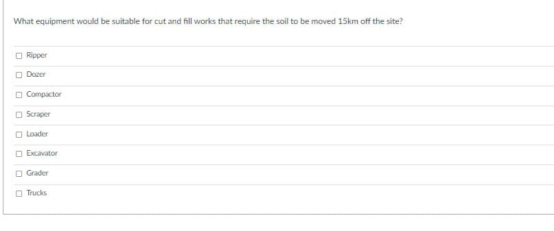 What equipment would be suitable for cut and fill works that require the soil to be moved 15km off the site?
Ripper
Dozer
Compactor
O Scraper
Loader
Excavator
O Grader
Trucks
