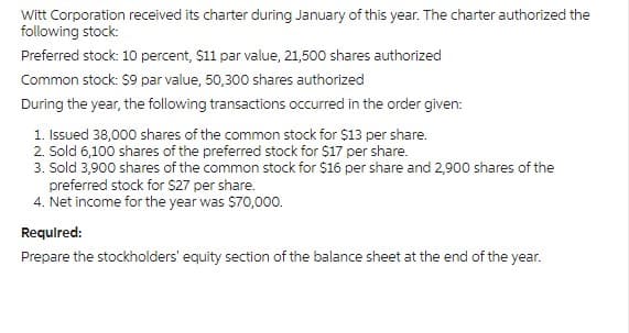 Witt Corporation received its charter during January of this year. The charter authorized the
following stock:
Preferred stock: 10 percent, $11 par value, 21,500 shares authorized
Common stock: $9 par value, 50,300 shares authorized
During the year, the following transactions occurred in the order given:
1. Issued 38,000 shares of the common stock for $13 per share.
2. Sold 6,100 shares of the preferred stock for $17 per share.
3. Sold 3,900 shares of the common stock for $16 per share and 2,900 shares of the
preferred stock for $27 per share.
4. Net income for the year was $70,000.
Required:
Prepare the stockholders' equity section of the balance sheet at the end of the year.