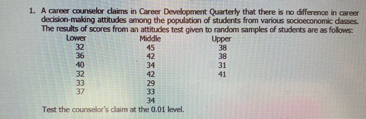 1. A career counselor claims in Career Development Quarterly that there is no difference in career
decision-making attitudes among the population of students from various socioeconomic classes.
The results of scores from an attitudes test given to random samples of students are as follows:
Lower
Middle
32
45
36
42
40
34
32
42
33
29
37
33
34
Test the counselor's claim at the 0.01 level.
Upper
38
38
31
41