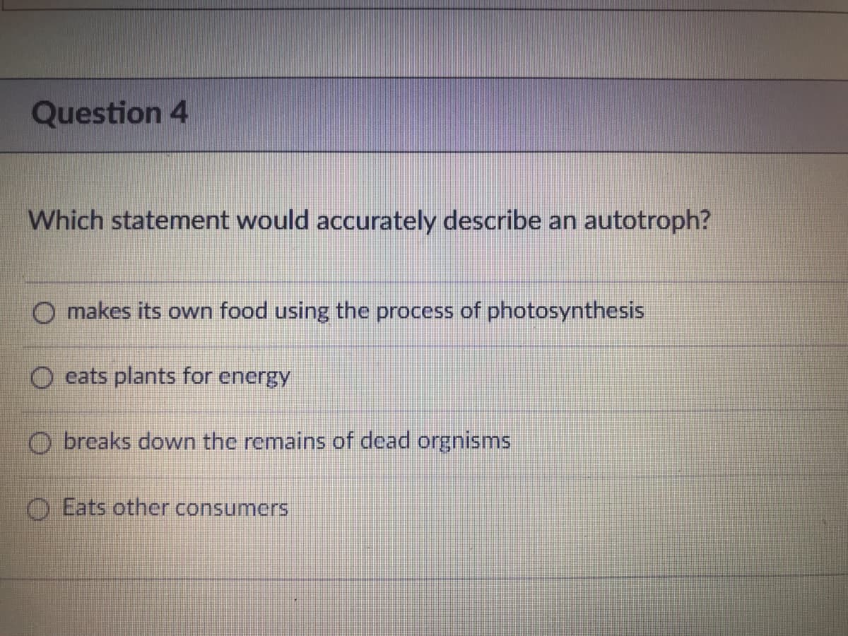 Question 4
Which statement would accurately describe an autotroph?
O makes its own food using the process of photosynthesis
O eats plants for energy
O breaks down the remains of dead orgnisms
O Eats other consumers
