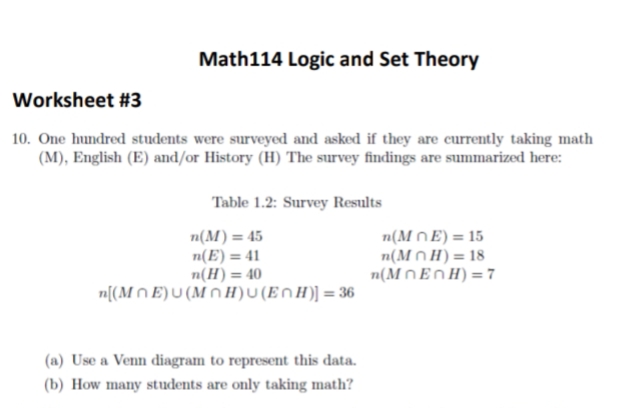Math114 Logic and Set Theory
Worksheet #3
10. One hundred students were surveyed and asked if they are currently taking math
(M), English (E) and/or History (H) The survey findings are summarized here:
Table 1.2: Survey Results
n(M) = 45
n(E) = 41
n(H) = 40
n[(Mn E) U (M H)U(EnH)] = 36
n(M nE) = 15
n(MnH) = 18
n(MNENH)= 7
(a) Use a Venn diagram to represent this data.
(b) How many students are only taking math?
