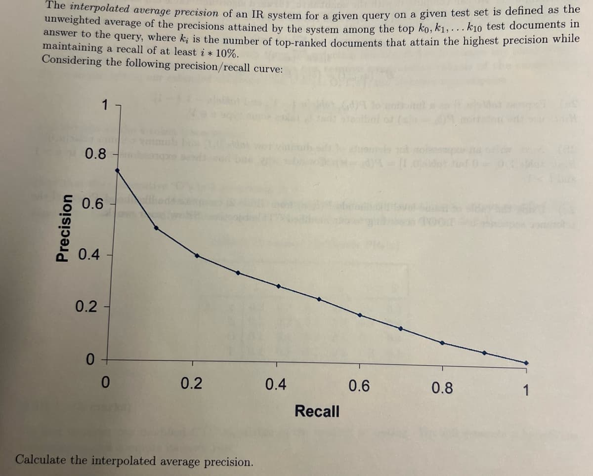 The interpolated average precision of an IR system for a given query on a given test set is defined as the
unweighted average of the precisions attained by the system among the top ko, k₁,... k10 test documents in
answer to the query, where k; is the number of top-ranked documents that attain the highest precision while
maintaining a recall of at least i * 10%.
Considering the following precision/recall curve:
Precision
0.8
0.6
0.4
0.2
1
0
0
0.2
0.4
0.6
0.8
1
Recall
Calculate the interpolated average precision.
