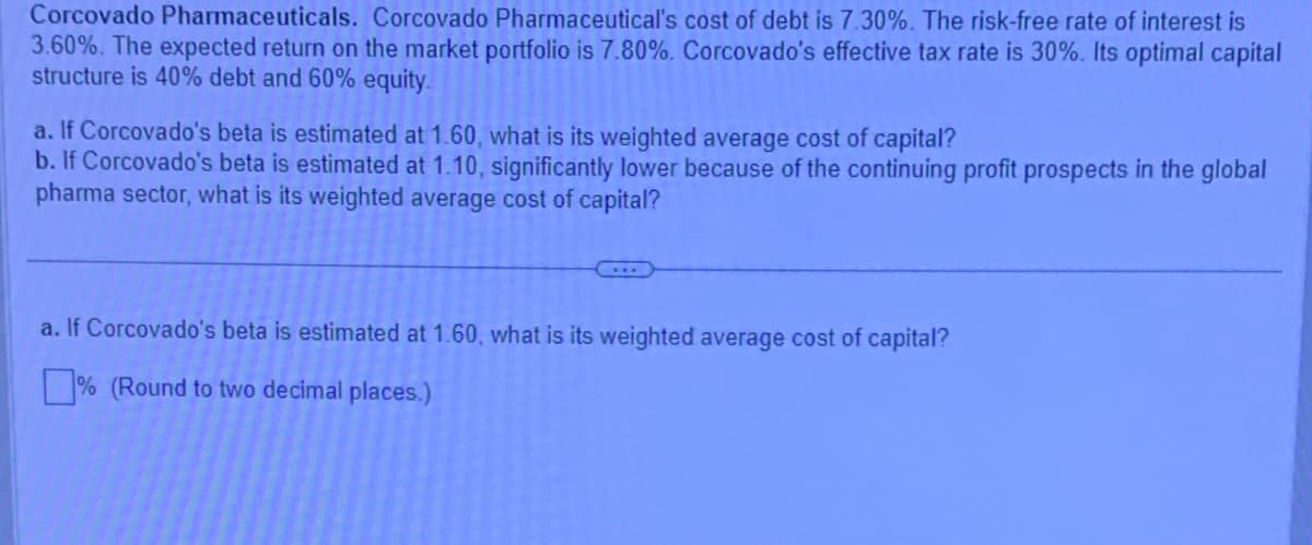 Corcovado Pharmaceuticals. Corcovado Pharmaceutical's cost of debt is 7.30%. The risk-free rate of interest is
3.60%. The expected return on the market portfolio is 7.80%. Corcovado's effective tax rate is 30%. Its optimal capital
structure is 40% debt and 60% equity.
a. If Corcovado's beta is estimated at 1.60, what is its weighted average cost of capital?
b. If Corcovado's beta is estimated at 1.10, significantly lower because of the continuing profit prospects in the global
pharma sector, what is its weighted average cost of capital?
a. If Corcovado's beta is estimated at 1.60, what is its weighted average cost of capital?
% (Round to two decimal places.)