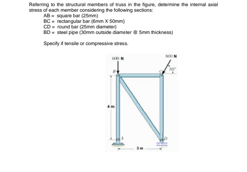 Referring to the structural members of truss in the figure, determine the internal axial
stress of each member considering the following sections:
AB = square bar (25mm)
BC = rectangular bar (6mm X 50mm)
CD = round bar (25mm diameter)
BD = steel pipe (30mm outside diameter @ 5mm thickness)
Specify if tensile or compressive stress.
800 N
600 N
BY
60°
4 m
3 m
