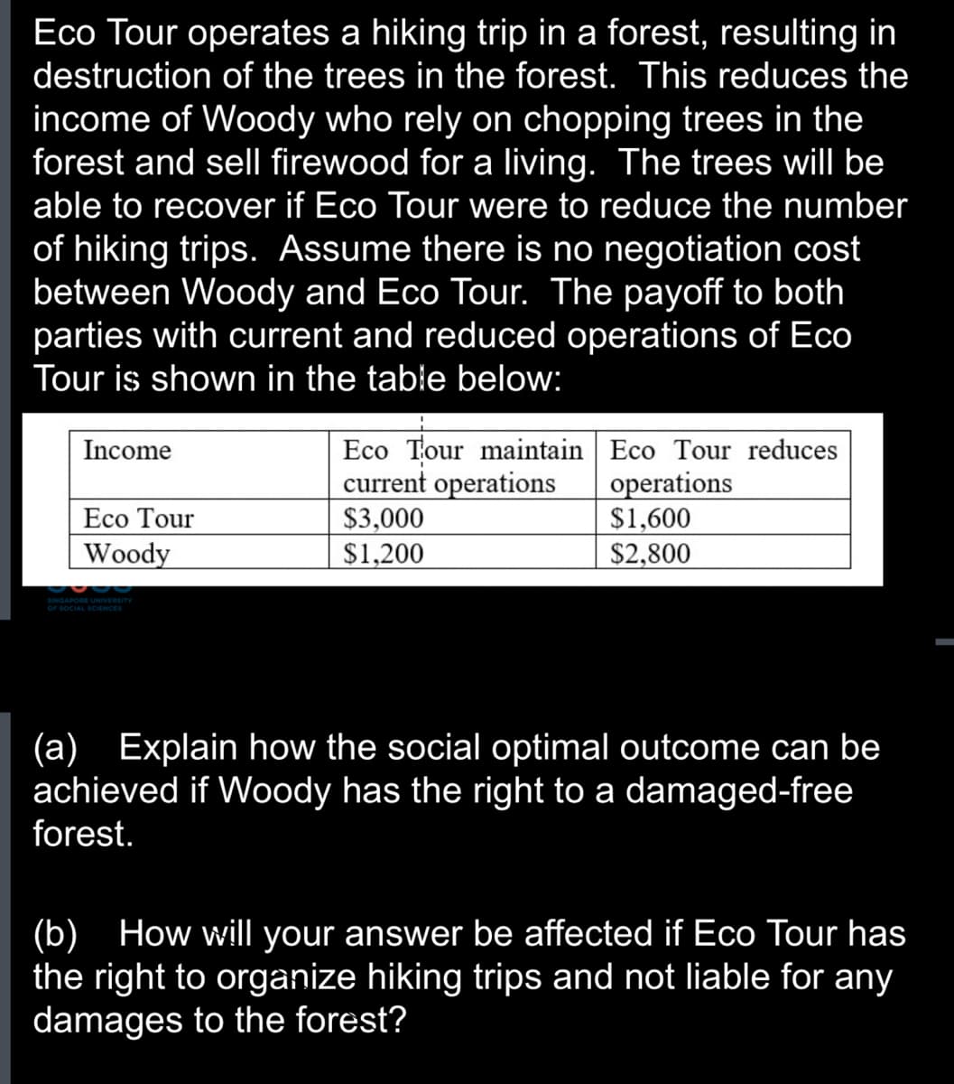 Eco Tour operates a hiking trip in a forest, resulting in
destruction of the trees in the forest. This reduces the
income of Woody who rely on chopping trees in the
forest and sell firewood for a living. The trees will be
able to recover if Eco Tour were to reduce the number
of hiking trips. Assume there is no negotiation cost
between Woody and Eco Tour. The payoff to both
parties with current and reduced operations of Eco
Tour is shown in the table below:
Income
Eco Tour
Woody
SINGAPORE UNIVERSITY
OF SOCIAL SCIENCES
Eco Tour maintain
current operations
$3,000
$1,200
Eco Tour reduces
operations
$1,600
$2,800
(a) Explain how the social optimal outcome can be
achieved if Woody has the right to a damaged-free
forest.
(b) How will your answer be affected if Eco Tour has
the right to organize hiking trips and not liable for any
damages to the forest?