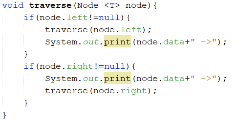 void traverse (Node <T> node) {
if (node.left!=null) {
traverse (node.left);
System.out.print (node.data+" ->");
}
if (node.right!=null){
System.out.print (node.data+" ->");
traverse (node.right);
}
}
