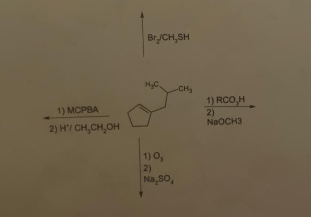 1) MCPBA
2) H*/ CH₂CH₂OH
Br./CH,SH
H₂C
1) 03
2)
Na₂SO
-CH3
1) RCO,H
2)
NaOCH3