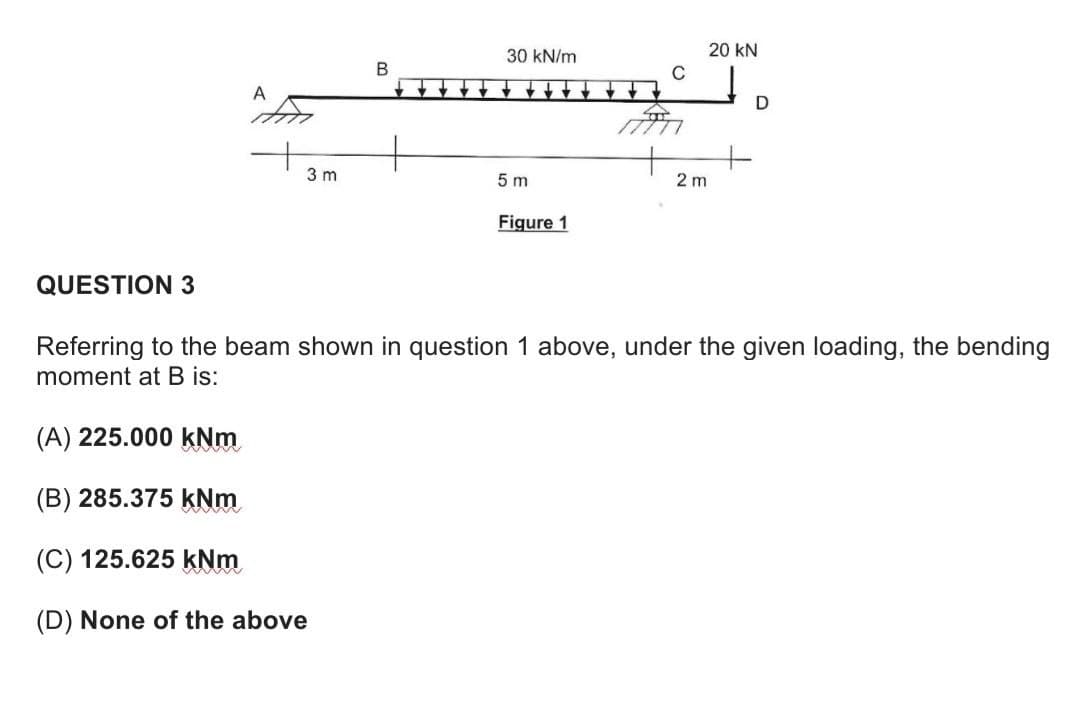 QUESTION 3
A
3 m
(A) 225.000 kNm
(B) 285.375 kNm
(C) 125.625 kNm
(D) None of the above
B
30 kN/m
5 m
Figure 1
↓
C
2 m
20 KN
+
D
Referring to the beam shown in question 1 above, under the given loading, the bending
moment at B is: