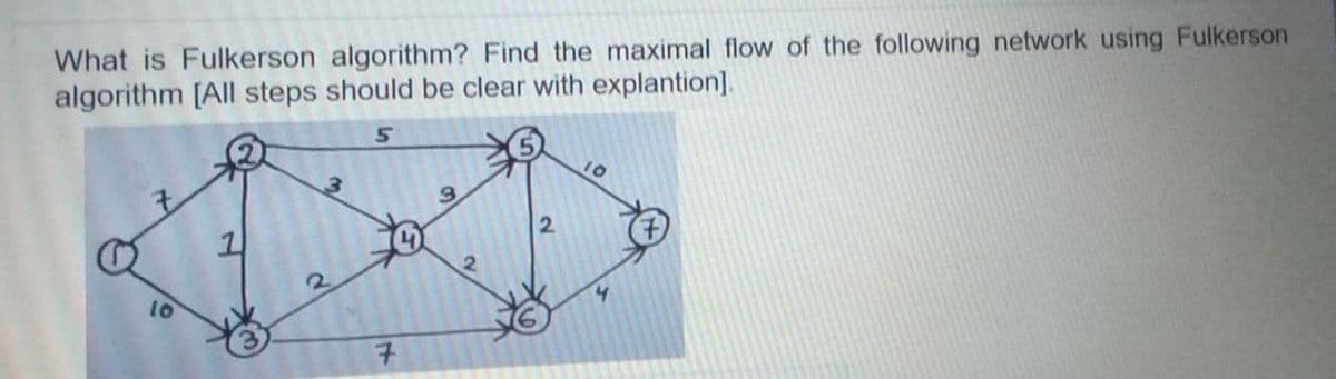 What is Fulkerson algorithm? Find the maximal flow of the following network using Fulkerson
algorithm [All steps should be clear with explantion].
10
2.
7.
