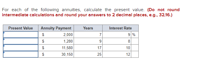 For each of the following annuities, calculate the present value. (Do not round
intermediate calculations and round your answers to 2 decimal places, e.g., 32.16.)
Present Value Annuity Payment
$
2,000
$
1,280
$
11,580
30,150
69
$
Years
7
17
25
Interest Rate
9 %
8
10
12