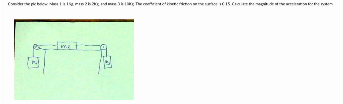 Consider the pic below. Mass 1 is 1Kg, mass 2 is 2Kg, and mass 3 is 10Kg. The coefficient of kinetic friction on the surface is 0.15. Calculate the magnitude of the acceleration for the system.
mz
m,
