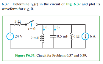 6.37 Determine iL (t) in the circuit of Fig. 6.37 and plot its
waveform for t≥ 0.
302
+24 V
t=0
2 mH
ell
i
fic
0.5 mF 626 A
Figure P6.37: Circuit for Problems 6.37 and 6.39.