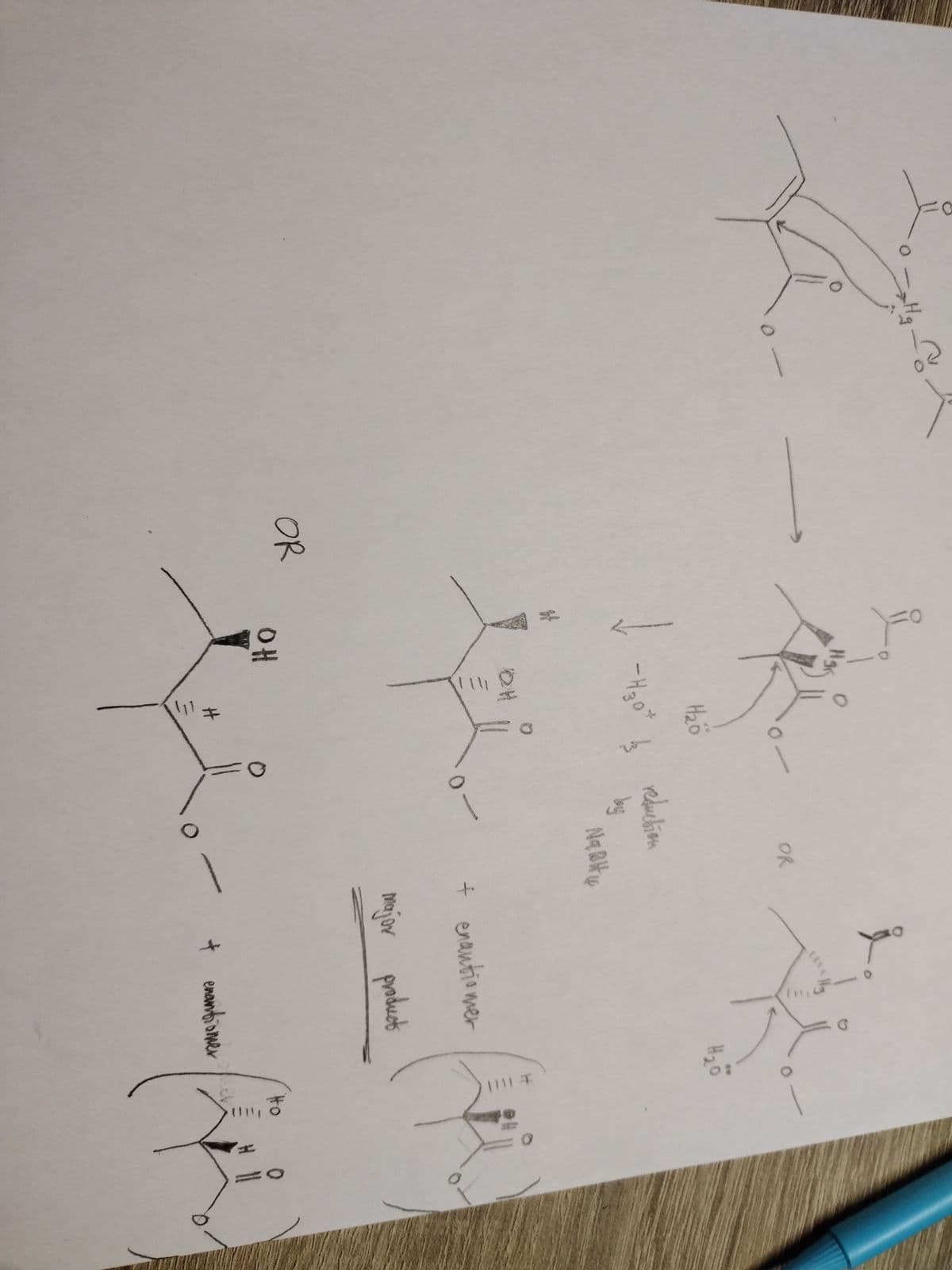 Hg
OR
H₂₂0
-H30* ķ
OH
OH
0
OR
reduction
by
Na BH u
+ enantiomer
major product
tv
H₂0
+ enantiomer
T
Ho
1