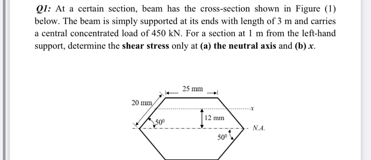 Q1: At a certain section, beam has the cross-section shown in Figure (1)
below. The beam is simply supported at its ends with length of 3 m and carries
a central concentrated load of 450 kN. For a section at 1 m from the left-hand
support, determine the shear stress only at (a) the neutral axis and (b) x.
25 mm
20 mm,
-X
12 mm
500
N.A.
50°

