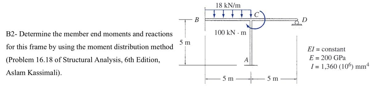 B2- Determine the member end moments and reactions
for this frame by using the moment distribution method
(Problem 16.18 of Structural Analysis, 6th Edition,
Aslam Kassimali).
B
T
5 m
18 kN/m
Hing
100 kN. m
5 m
A
5 m
D
El = constant
E = 200 GPa
I= 1,360 (106) mm4
