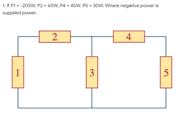 1. If P1 = -205W, P2 = 60W, P4 = 45W, P5 = 30W. Where negative power is
%3D
supplied power.
2
4
1
5
3.
