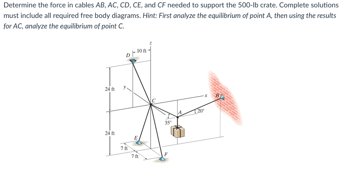 Determine the force in cables AB, AC, CD, CE, and CF needed to support the 500-lb crate. Complete solutions
must include all required free body diagrams. Hint: First analyze the equilibrium of point A, then using the results
for AC, analyze the equilibrium of point C.
24 ft
24 ft
D-10 ft-
7 ft
E
7 ft
35°
F
20⁰
X