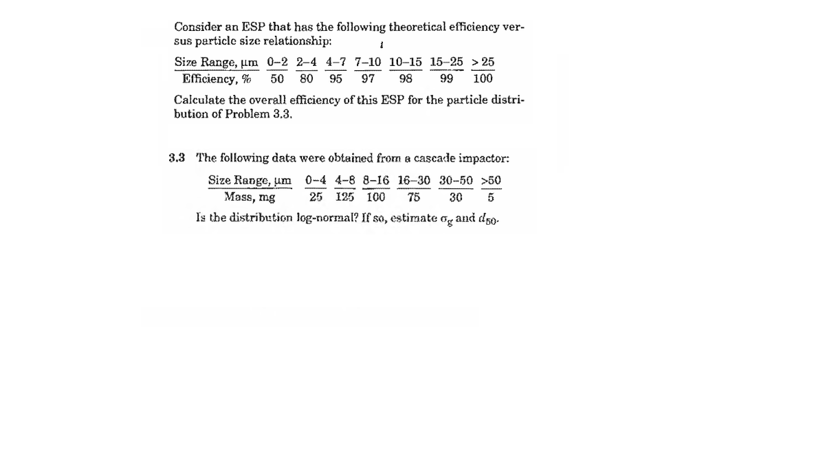 Consider an ESP that has the following theoretical efficiency ver-
sus particle size relationship:
Size Range, um 0-2 2-4 4-7 7-10 10-15 15-25 > 25
Efficiency, %
50
80
95
97
98
99
100
Calculate the overall efficiency of this ESP for the particle distri-
bution of Problem 3.3.
3.3 The following data were obtained from a cascade impactor:
Size Range, um
0-4 4-8 8-16 16-30 30-50 >50
Mass, mg
25 125
100
75
30
5
Is the distribution log-normal? If so, estimate Og and d5o.
