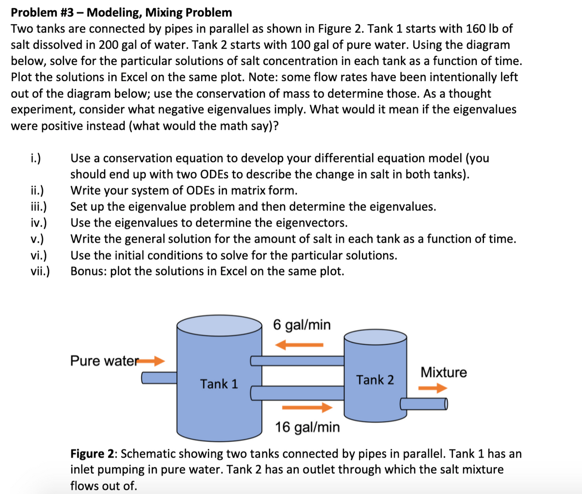 Problem #3 - Modeling, Mixing Problem
Two tanks are connected by pipes in parallel as shown in Figure 2. Tank 1 starts with 160 lb of
salt dissolved in 200 gal of water. Tank 2 starts with 100 gal of pure water. Using the diagram
below, solve for the particular solutions of salt concentration in each tank as a function of time.
Plot the solutions in Excel on the same plot. Note: some flow rates have been intentionally left
out of the diagram below; use the conservation of mass to determine those. As a thought
experiment, consider what negative eigenvalues imply. What would it mean if the eigenvalues
were positive instead (what would the math say)?
i.)
ii.)
iii.)
iv.)
v.)
vi.)
vii.)
Use a conservation equation to develop your differential equation model (you
should end up with two ODEs to describe the change in salt in both tanks).
Write your system of ODEs in matrix form.
Set up the eigenvalue problem and then determine the eigenvalues.
Use the eigenvalues to determine the eigenvectors.
Write the general solution for the amount of salt in each tank as a function of time.
Use the initial conditions to solve for the particular solutions.
Bonus: plot the solutions in Excel on the same plot.
Pure water
Tank 1
6 gal/min
Tank 2
Mixture
16 gal/min
Figure 2: Schematic showing two tanks connected by pipes in parallel. Tank 1 has an
inlet pumping in pure water. Tank 2 has an outlet through which the salt mixture
flows out of.