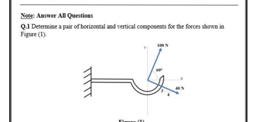 Note: Answer All Questions
Q.1 Determine a pair of horizontal and vertical components for the forces shown in
Figure (1).
100 N
60°
40 N
Figuw
