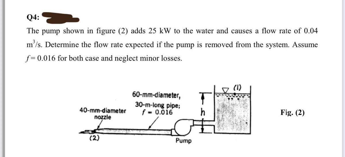 Q4:
The pump shown in figure (2) adds 25 kW to the water and causes a flow rate of 0.04
m³/s. Determine the flow rate expected if the pump is removed from the system. Assume
f= 0.016 for both case and neglect minor losses.
40-mm-diameter
nozzle
(2)
60-mm-diameter,
30-m-long pipe;
f = 0.016
Pump
T
(1)
Fig. (2)