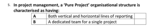5. In project management, a 'Pure Project' organisational structure is
characterised as having:
A
B
Both vertical and horizontal lines of reporting
A dedicated team for a single project
