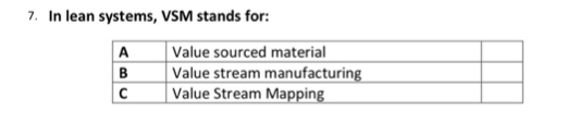 7. In lean systems, VSM stands for:
A
B
C
Value sourced material
Value stream manufacturing
Value Stream Mapping