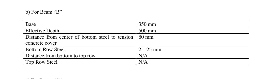 b) For Beam “B"
Base
350 mm
Effective Depth
500 mm
Distance from center of bottom steel to tension
60 mm
concrete cover
Bottom Row Steel
2 - 25 mm
Distance from bottom to top row
N/A
Top Row Steel
N/A
