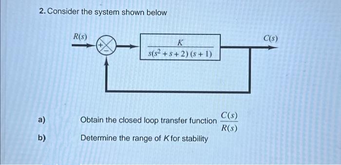 2. Consider the system shown below
a)
b)
R(S)
8-
K
s(s²+s+2) (s+1)
Obtain the closed loop transfer function
Determine the range of K for stability
C(s)
R(S)
C(s)
