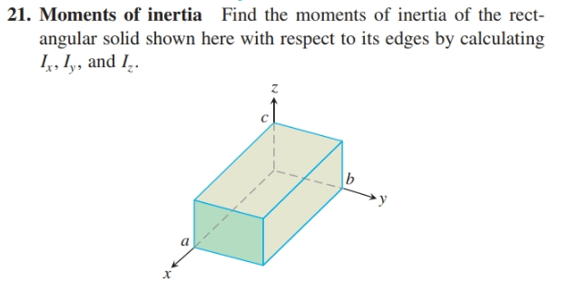 21. Moments of inertia Find the moments of inertia of the rect-
angular solid shown here with respect to its edges by calculating
I,, I, and I̟.
