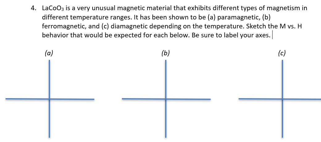 4. LaCoO3 is a very unusual magnetic material that exhibits different types of magnetism in
different temperature ranges. It has been shown to be (a) paramagnetic, (b)
ferromagnetic, and (c) diamagnetic depending on the temperature. Sketch the M vs. H
behavior that would be expected for each below. Be sure to label your axes.
(a)
(b)
(c)
