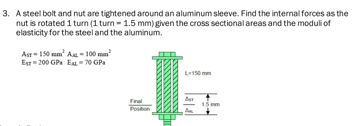 3. A steel bolt and nut are tightened around an aluminum sleeve. Find the internal forces as the
nut is rotated 1 turn (1 turn = 1.5 mm) given the cross sectional areas and the moduli of
elasticity for the steel and the aluminum.
AST = 150 mm?
EST = 200 GPa EAL = 70 GPa
AAL = 100 mm?
L=150 mm
AST
Final
1.5 mm
Position
Al
